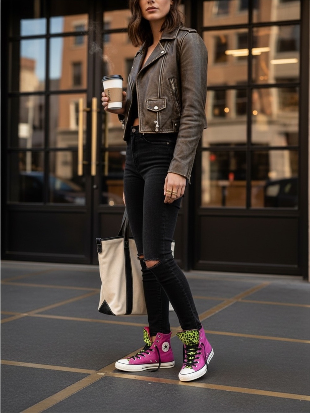 Converse All Star High-Top Sneakers in Magenta with Green Leopard Lining - Picture 2 of 12